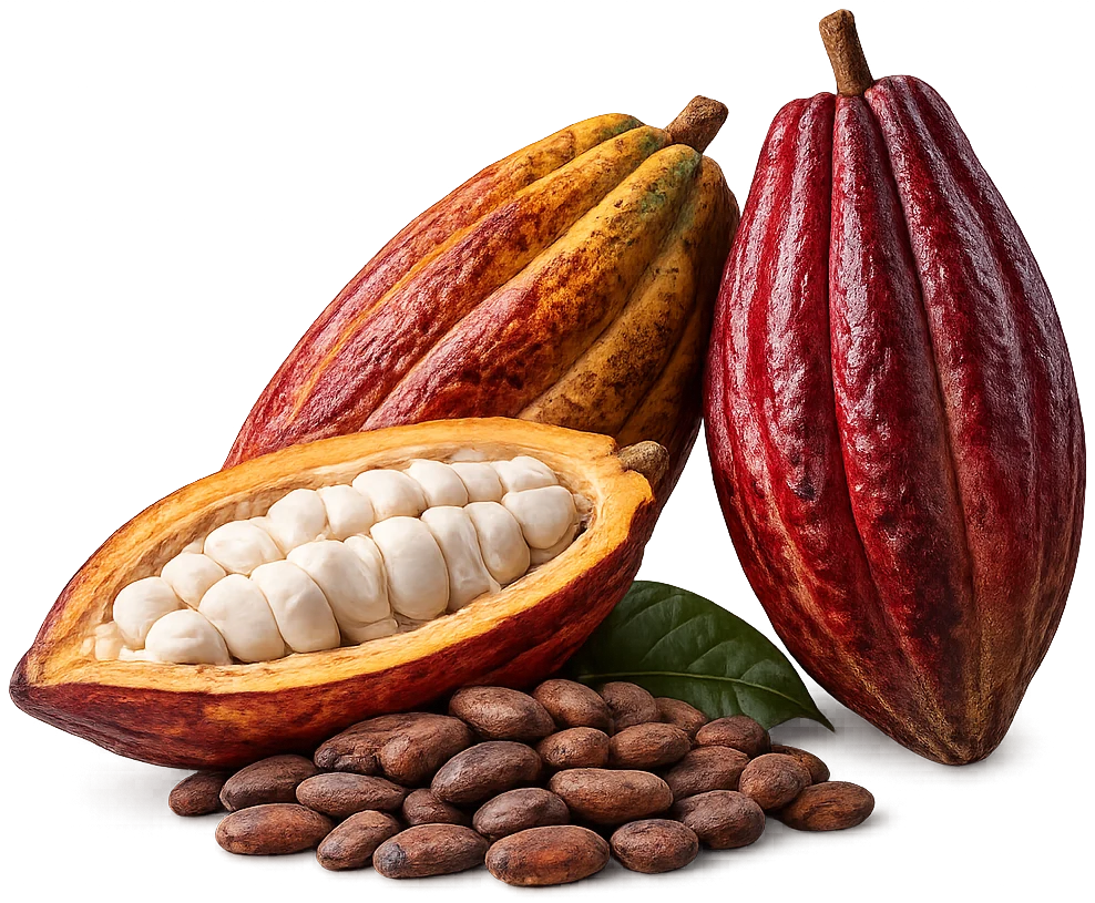 Whole and split cacao pods with cacao beans